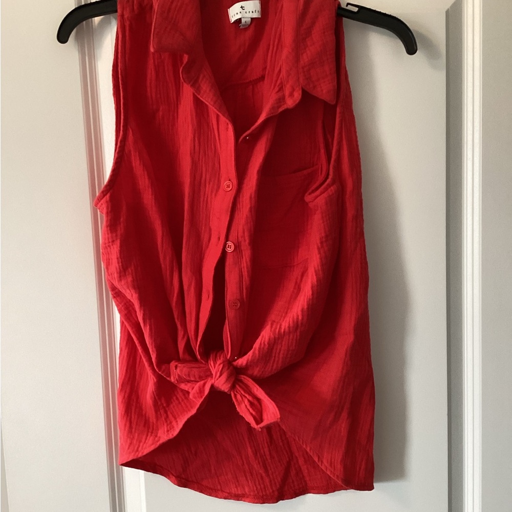 Red Sleeveless Button-Up Top